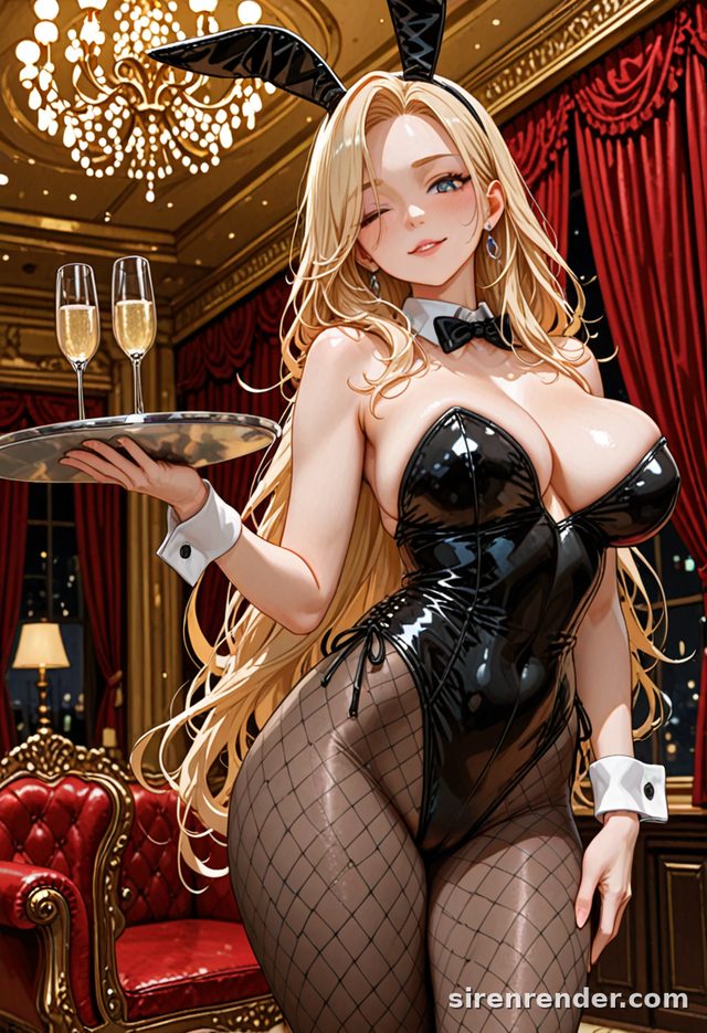 Anime bunny hostess in a black leotard holding a champagne tray in a luxury lounge, AI hentai art made on SirenRender
