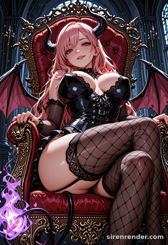 Anime succubus with horns and wings on a gothic throne, AI hentai art made on SirenRender