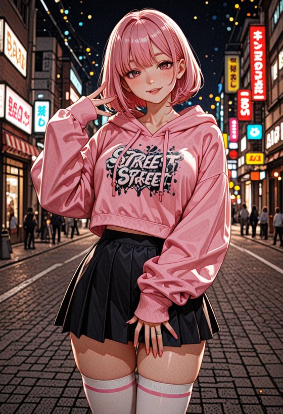 Anime girl in a pink street-fashion hoodie on a neon city street, generated with SirenRender