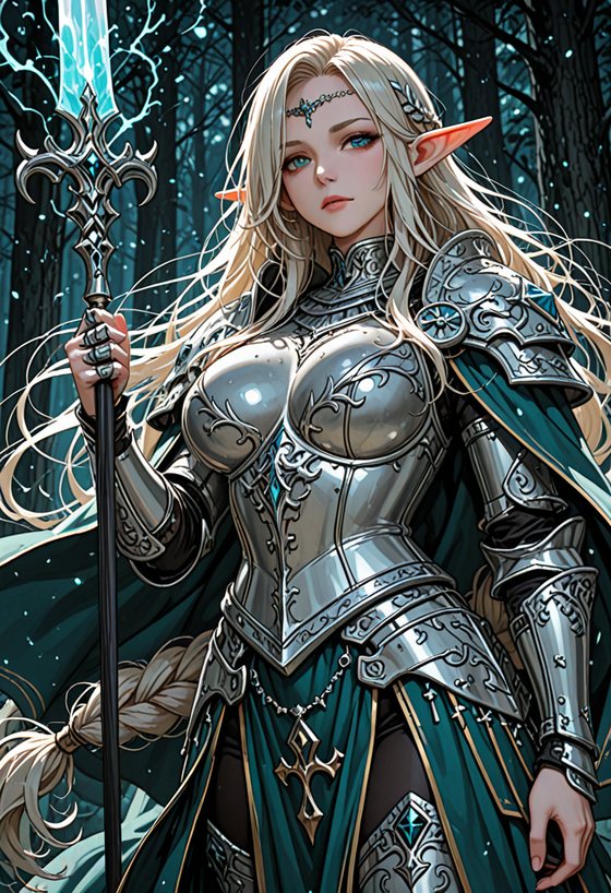 Anime elf warrior in ornate silver armor holding a glowing staff in an enchanted forest, generated with SirenRender