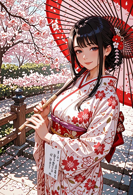 Anime woman in a floral kimono holding a parasol among cherry blossoms, generated with SirenRender