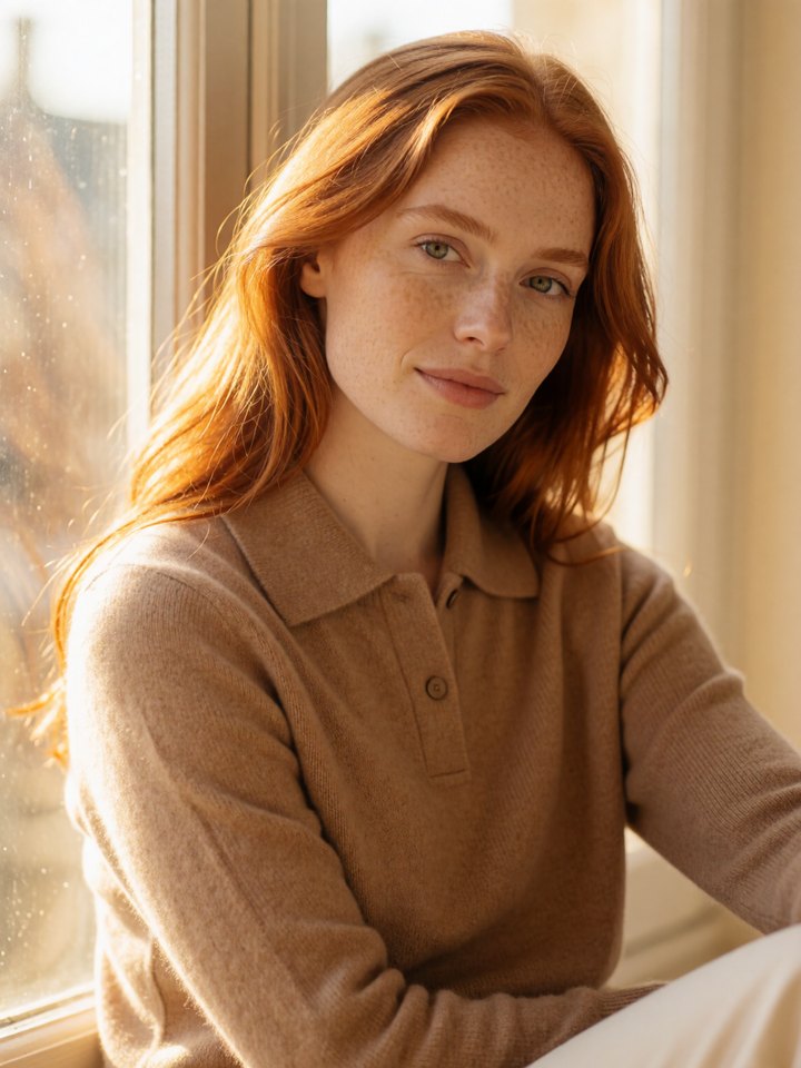 Photorealistic AI-generated portrait of a woman with copper-red hair in warm window light, generated on SirenRender