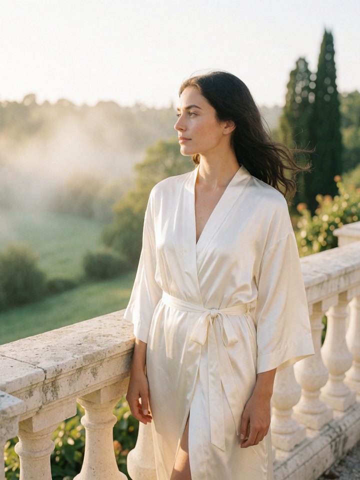 Cinematic AI-generated image of a woman in an ivory silk robe on a sunlit balcony above a misty valley, generated on SirenRender