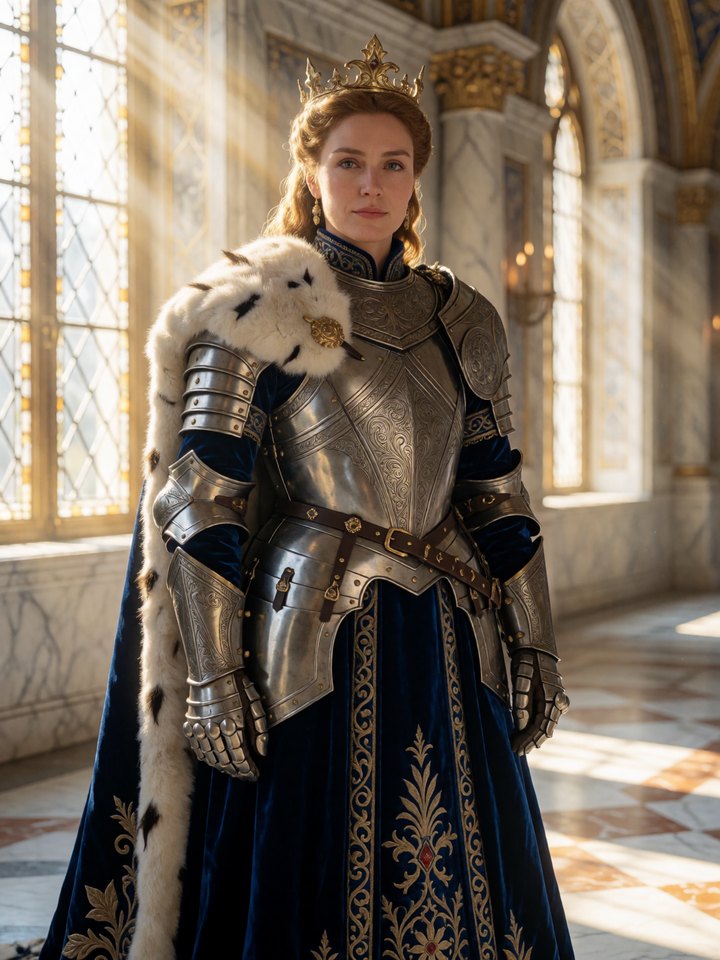 AI-generated fantasy warrior in ornate silver armour in a sunlit marble hall