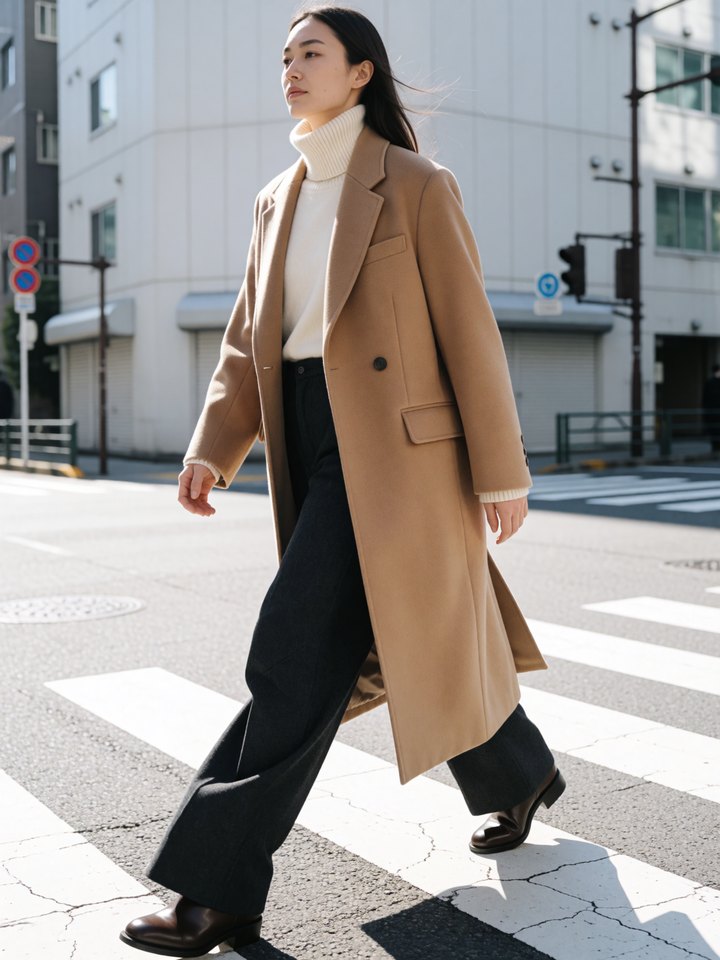 AI-generated street style fashion image of a woman in a camel coat crossing a sunlit street