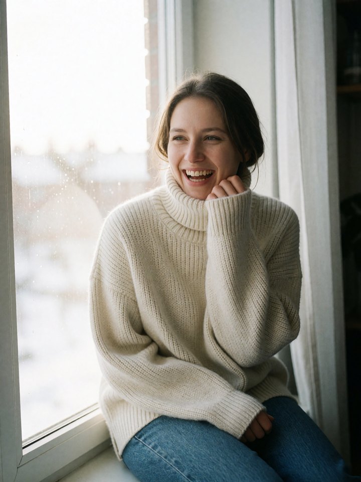 Photoreal AI-generated candid portrait of a woman laughing in bright window light