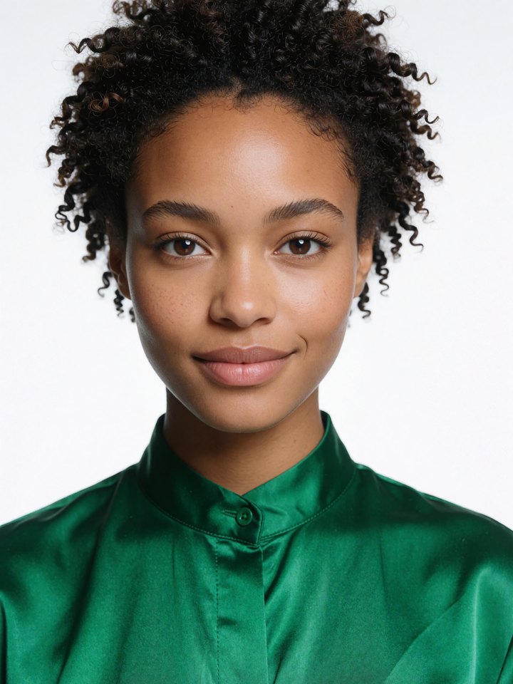 AI-generated beauty portrait of a woman in an emerald satin blouse on a white studio backdrop