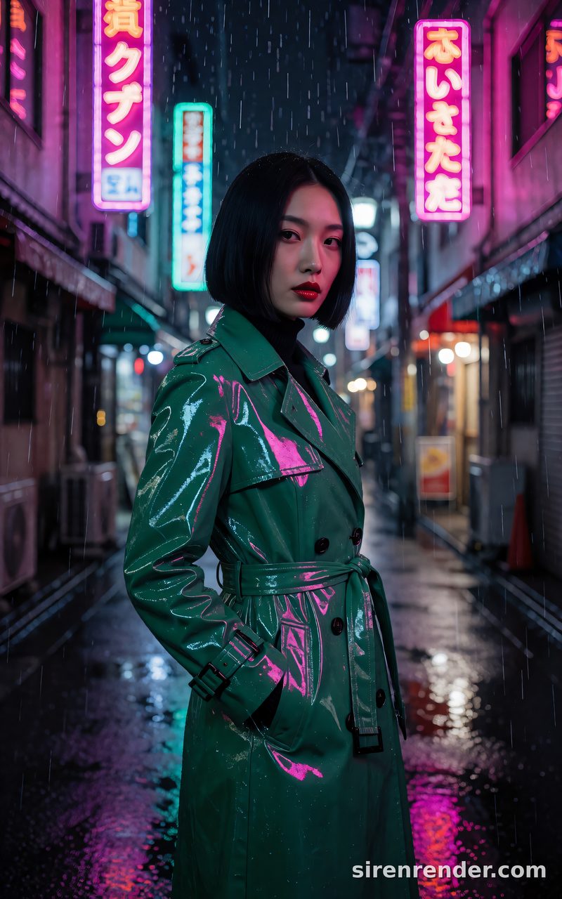 Photorealistic fashion portrait of a woman in an emerald vinyl trench coat in a neon-lit Tokyo alley at night, made with Krea 2 Turbo on SirenRender
