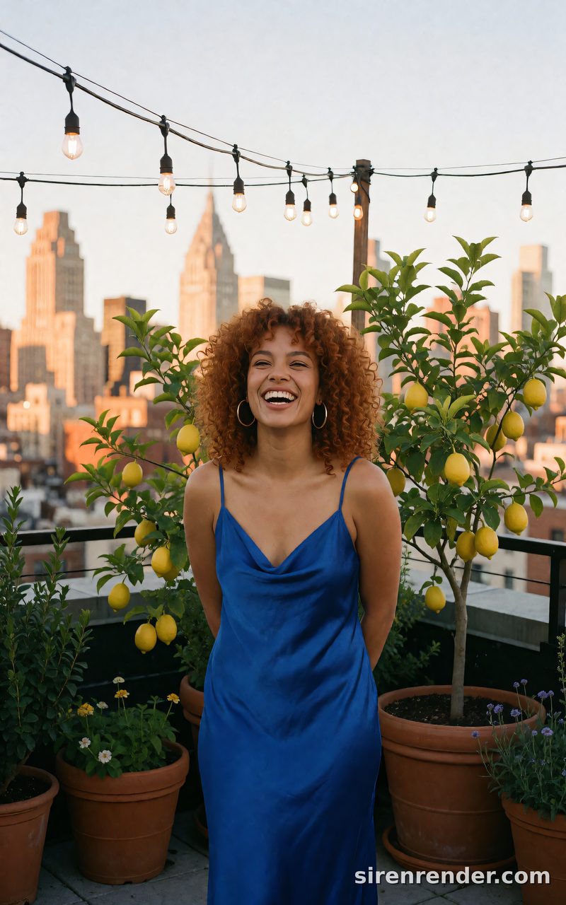 Photorealistic woman with copper curls laughing on a rooftop garden at golden hour, made with Krea 2 Turbo on SirenRender