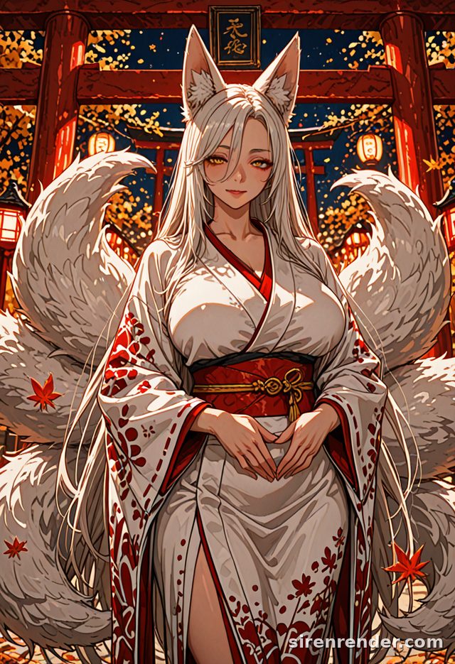 Anime kitsune woman in a red and white kimono at a shrine with autumn leaves and lanterns, made with WAI-Illustrious on SirenRender