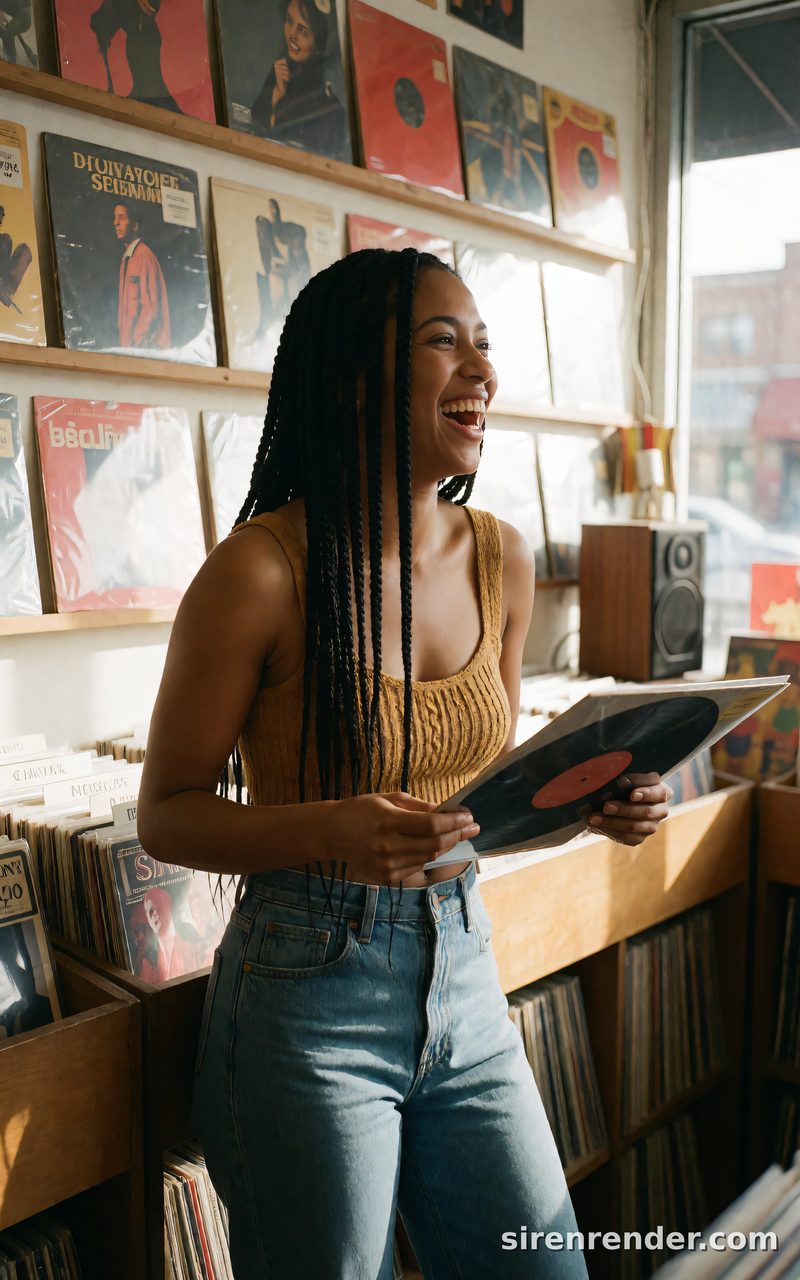 Photorealistic woman with long braids laughing in a sunlit vintage record store, made with Krea 2 on SirenRender