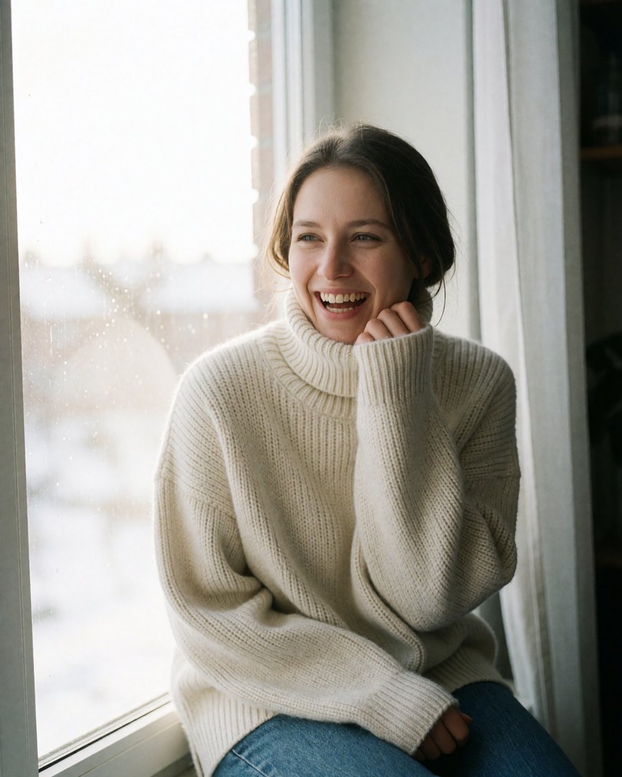 Photorealistic AI-generated candid portrait of a woman in a cream knit sweater in bright window light, made with SirenRender