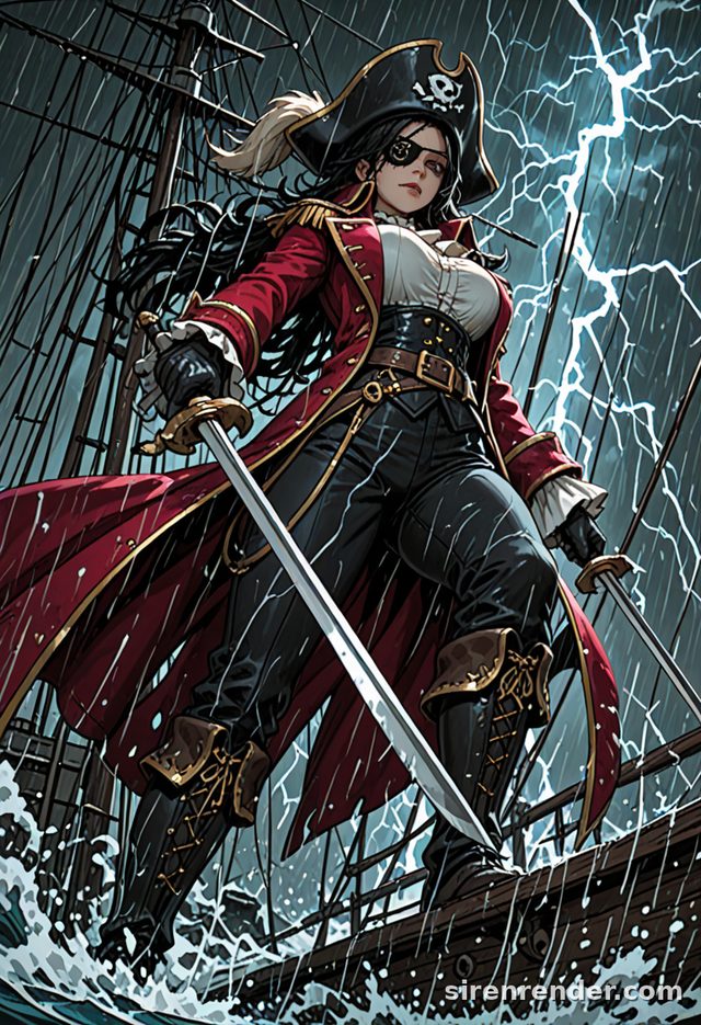 Anime pirate captain with a sword on a stormy ship deck, made with WAI-Illustrious on SirenRender