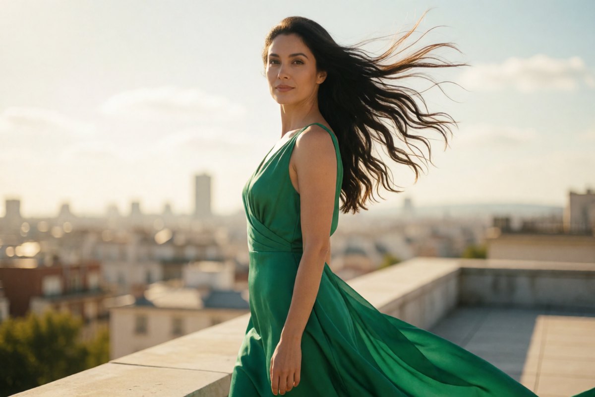 Cinematic AI-generated still of a woman in a green silk dress on a sunlit rooftop, hair caught mid-motion — the kind of still you can animate on SirenRender