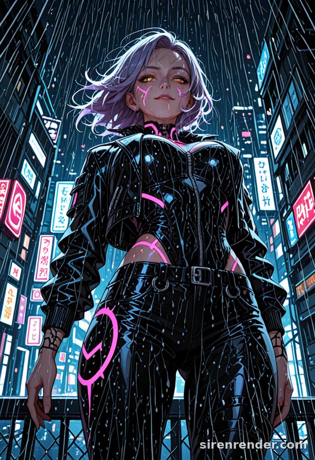 Anime woman with purple hair and glowing tattoos on a rainy cyberpunk rooftop at night, made with WAI-Illustrious v17 on SirenRender