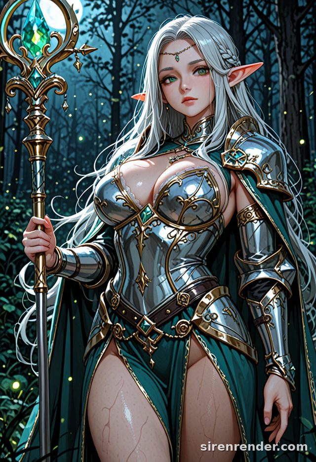 Anime elf knight in ornate silver armor in a moonlit forest, made with WAI-Illustrious v17 on SirenRender
