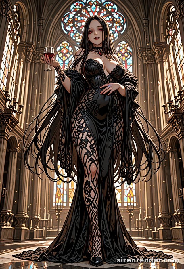 Anime vampire woman in a black lace gown holding a wine glass in a candlelit cathedral, made with WAI-Illustrious v17 on SirenRender