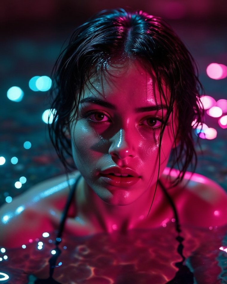 Photorealistic AI-generated portrait of a woman lit by pink and blue neon, made with SirenRender